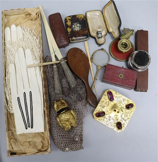 An owl ormolu inkwell, objects of vertu, gloves etc